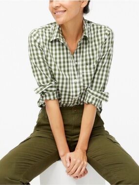 J. Crew Gingham Olive Green & White Reimagined Button Down Shirt - signature fit
